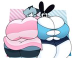 anthro big_breasts black_eyes breasts clothing duo female fur grey_body grey_fur grey_hair hair huge_breasts huge_thighs hyper hyper_breasts hyper_thighs shirt smile standing thick_thighs topwear wardrobe_malfunction white_body white_fur dewbber animal_crossing nintendo dotty_(animal_crossing) lolly_(animal_crossing) domestic_cat felid feline felis lagomorph leporid mammal rabbit hi_res