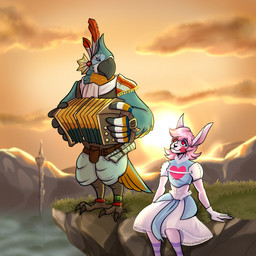 anthro bandoneon blue_body blue_feathers buckteeth cliff clothed clothing crossdressing duo eyeshadow feathers fur gloves hair handwear heart_symbol holding_musical_instrument holding_object looking_at_another looking_down looking_up makeup male male/male multicolored_body multicolored_feathers musical_instrument outside pink_body pink_fur pink_hair red_eyes romantic romantic_ambiance scarf sheikah_tower sitting smile standing sunset teeth lavendersparrow_(artist) breath_of_the_wild nintendo the_legend_of_zelda kass_(tloz) may_(uassault) avian lagomorph leporid mammal rabbit rito 1:1 hi_res
