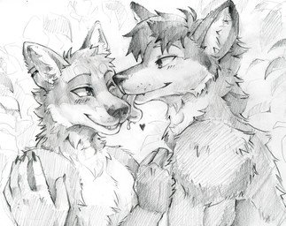 anthro arm_tuft back_tuft bodily_fluids cheek_tuft chest_tuft dripping duo ear_piercing ear_ring facial_tuft fangs glistening glistening_eyes hair head_tuft heart_symbol licking licking_another male messy_hair neck_tuft nude one_eye_closed piercing ring_piercing saliva saliva_drip short_hair shoulder_tuft side_view simple_background teeth three-quarter_view tongue tongue_out tuft unsigned akatan_art canid canine canis fox mammal wolf greyscale hi_res monochrome traditional_media_(artwork)
