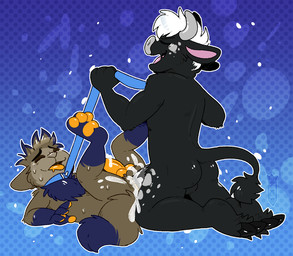 anal anal_penetration animal_genitalia animal_penis anthro backsack balls blue_body blue_fur bodily_fluids canine_genitalia canine_penis collar cum cum_inside duo fur genital_fluids genitals grey_body grey_fur hair hooves horn leash leash_pull male male/male male_penetrated male_penetrating male_penetrating_male open_mouth orgasm pawpads penetration penis sex tail white_hair crownedvictory bovid bovine canid canine cattle fox mammal 2018 digital_drawing_(artwork) digital_media_(artwork)