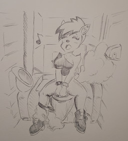 accessory anthro armband belt boots bottomwear bottomwear_around_one_leg bottomwear_down breasts cleavage clothed clothing clothing_around_one_leg ear_piercing ear_ring eyes_closed fart fart_cloud female footwear hair hands_covering_crotch implied_pooping musical_note musical_symbol open_mouth pants pants_around_one_leg pants_down partially_clothed piercing portapotty ring_piercing shoes singing solo spiked_armband spikes spread_legs spreading symbol toilet toilet_use topwear urinal pikapika212 murphy_and_mitzi doe_remi_(ajmarekart) deer mammal hi_res traditional_media_(artwork)