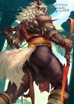 anthro anus backsack balls bottomwear butt clothing ear_piercing fur genital_piercing genitals glans hair horn loincloth male penis penis_piercing piercing prince_albert_piercing solo tail text weapon alexlion_art afk_arena afk_journey lilith_games nazrik_(afk_journey) cervine deer mammal absurd_res english_text hi_res