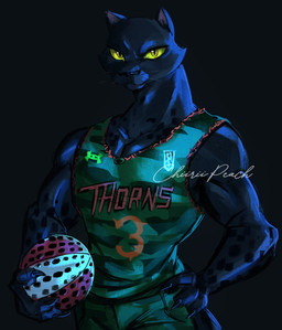 anthro ball basketball_(ball) basketball_jersey basketball_shorts basketball_uniform black_background claws clothed clothing female fur glowing glowing_eyes hand_on_hip looking_at_viewer mouth_closed simple_background solo sportswear text uniform whiskers chiiriipeach goat_(movie) sony_corporation sony_pictures under_armour jett_fillmore felid mammal pantherine 2026 hi_res signature