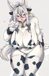 accessory ahoge animal_print anthro bent_arm big_breasts bikini black_nose blush bottle bovid_horn bovine_horn breasts clothing collar container cow_horn cow_print cowbell cuffs_(clothing) cute_fangs ear_piercing ear_tag extended_arm fake_cow_ears fake_ears fake_horns fangs female female_anthro fluffy fluffy_tail fur glistening glistening_hair grey_body grey_fur grey_hair hair headband holding_bottle holding_container holding_object horn huge_breasts kemono legwear long_hair looking_at_viewer milk_bottle milk_container navel piercing purple_eyes solo swimwear tail teeth thigh_highs tongue tongue_out translucent translucent_hair two-piece_swimsuit sgsix canid canine mammal 2021 hi_res portrait three-quarter_portrait