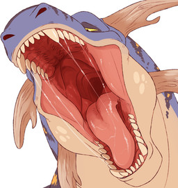 ambiguous_gender blue_body bodily_fluids brown_horn cheek_horn feral front_view glistening glistening_tongue horn markings mouth_shot narrowed_eyes open_mouth red_tongue saliva saliva_on_tongue saliva_string sharp_teeth simple_background solo tan_body teeth tongue unsigned white_background yellow_body yellow_markings swampjaws densel_(imperatorcaesar)