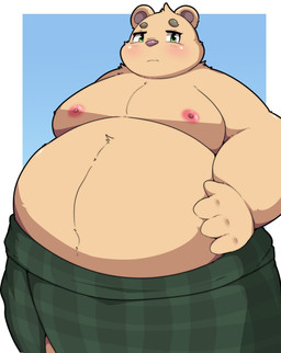 anthro belly big_belly blush brown_body green_eyes kemono male moobs nipples overweight overweight_male simple_background solo kusosensei inigo_(kusosensei) bear mammal 2025 hi_res