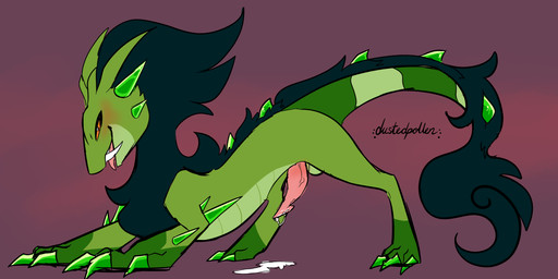 balls bodily_fluids cheek_horn claws cum cum_on_ground fangs feral fluffy fluffy_tail genital_fluids genitals green_body green_hair green_scales green_skin hair male male_feral mane neck_tuft orange_sclera penis ridged_penis scales solo spikes spikes_(anatomy) striped_body stripes tail teeth toe_claws tuft yellow_eyes dustedpollen mythology retter dragon emerald_dragon mythological_creature mythological_scalie scalie hi_res