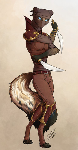 armor dagger glowing glowing_eyes hood looking_at_viewer male mask melee_weapon smile solo standing sword teeth unusual_eyes weapon blokfort domestic_ferret mammal mustelid musteline true_musteline weasel 2023 hi_res