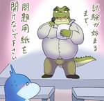 anthro belly blue_body blush bodily_fluids bottomwear clothing duo electronics green_body kemono male microphone overweight overweight_male pants shirt sweat text topwear nakadashimashta iruyo_the_dolphin cetacean crocodile crocodilian dolphin mammal marine oceanic_dolphin reptile scalie toothed_whale 2021 japanese_text translated