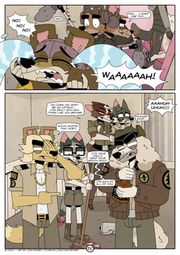 anthro black_nose butt clothed clothing dialogue female fur group hair male male/female nude simple_background tail text white_body ozzymandy canid canine canis domestic_dog mammal 2025 absurd_res comic digital_drawing_(artwork) digital_media_(artwork) english_text hi_res