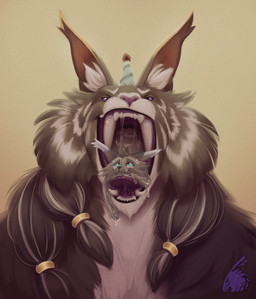 anthro blue_eyes clothing duo fangs fur grey_body grey_fur hair hat headgear headwear logo male male/male open_mouth oral_head_gulp oral_vore party_hat purple_eyes sabertooth_(anatomy) size_difference teeth vore zeanlain domestic_cat felid feline felis mammal 2023 artist_logo colored