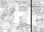 5_fingers biped dialogue duo female fingers hair humanoid_pointy_ears humor insect_wings male navel not_furry one_eye_closed open_mouth open_smile pointy_ears size_difference smile speech_bubble text wings baalbuddy fairy goblin humanoid winged_humanoid absurd_res english_text hi_res monochrome