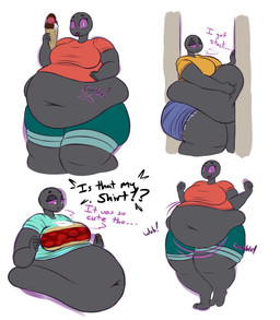 asking asking_another bald belly big_belly big_breasts big_butt black_body black_skin bodily_noises breasts butt clothing color_coded color_coded_text dessert different_sound_effects female food ice_cream jiggling morbidly_obese motion_onomatopoeia muffin_top not_furry obese offscreen_character onomatopoeia overweight purple_eyes question rumbling rumbling_stomach simple_background solo sound_effects standing stuck text thick_thighs wide_hips wobbling yes-no_question blakeroats alien english_text hi_res multiple_images