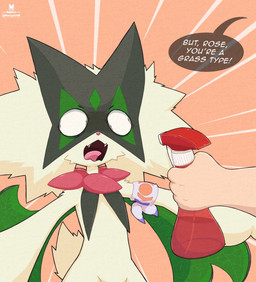 ambiguous_gender anthro choice_band duo fangs flat_chested fur green_body green_fur green_hair hair no_pupils open_mouth scared simple_background speech_bubble spray_bottle tail teeth text tongue water razgrizdl nintendo pokemon rose_(razgrizdl) felid feline generation_9_pokemon human mammal meowscarada pokemon_(species) 2025 english_text hi_res signature female_(lore)