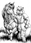 anthro ardashir duo feral grin male melee_weapon mount pigtails simple_background smile tail weapon white_background megan_giles canid canine equid equine fox horse mammal line_art monochrome