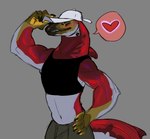 anthro baseball_cap blush bottomwear clothing crop_top ear_piercing eyes_closed female fin flesh_tunnel gauged_ear hand_on_hip hat headgear headwear heart_symbol midriff muscular muscular_anthro muscular_female nails pants piercing shirt smile solo teeth topwear velow shoyu_(velow) fish marine salmon salmonid_(fish) sockeye_salmon hi_res