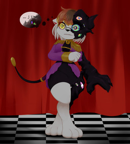 anthro bell black_clothing blonde_hair_tips brown_hair checkered checkered_floor circus clothing creepy creepy_face curtains eyebrows eyewear female fur glasses glitch glitching_body gold_accessory hair hypnotic_eyes jingle_bell mid_transformation mouth_closed multi_eye multicolored_eyes multicolored_hair nervous orange_eyebrows orange_hair purple_clothing rectangular_glasses red_curtains scary solo transformation weird_eyes whip white_body white_ears white_fur white_hair mentalcrash glitch_productions the_amazing_digital_circus fan_character abstraction_(tadc) felid lion mammal pantherine absurd_res hi_res