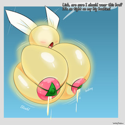 areola big_breasts bikini bikini_top blush bodily_fluids breasts clothing exclamation_point female huge_breasts hyper hyper_breasts lactating milk nipple_outline not_furry onomatopoeia open_mouth pink_areola question_mark solo sound_effects swimwear text two-piece_swimsuit wings yellow_body venting_shadows majora's_mask nintendo the_legend_of_zelda tatl_(tloz) fairy 1:1 absurd_res english_text hi_res