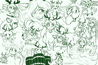 antlers barrel blush bodily_fluids brush brushing brushing_hair clothed clothing crying dessert female food hair happy hiding horn ice_cream long_hair nervous nervous_smile personal_grooming question_mark screaming shy sleeping smile solo styling_hair tears window kayohplums freya_agalith animal_humanoid deer deer_humanoid faun humanoid mammal mammal_humanoid satyr 3:2 hi_res monochrome sketch sketch_page