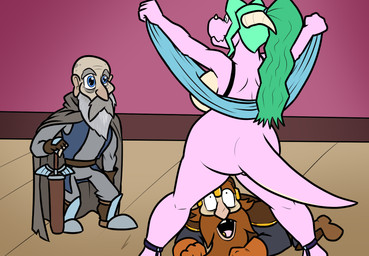 anthro big_breasts breasts elderly_male female flashing green_hair hair male parody pink_body curby lord_sarloc pukijr dragon_ball drunken_tales magni_(drunken_tales) nurit_(drunken_tales) dwarf human humanoid mammal scalie hi_res