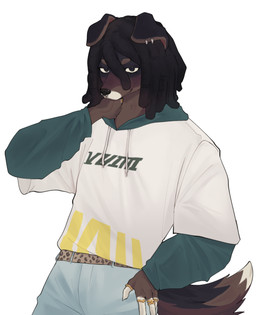 belt black_body black_fur black_hair bottomwear brown_body brown_fur clothing denim denim_bottomwear denim_clothing dreadlocks ear_piercing facial_piercing fur gold_rings hair hand_on_hip hand_on_neck hoodie jeans male nose_piercing pants piercing ring septum_piercing smile smiling_at_viewer smirk smirking_at_viewer solo topwear white_body white_fur unko mari_(maril33) canid canine canis domestic_dog mammal half-length_portrait hi_res portrait