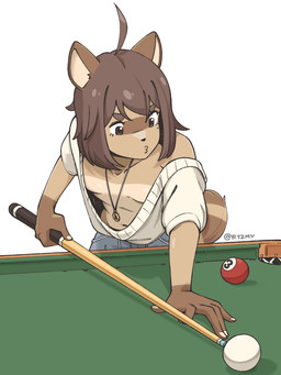 ambiguous_gender ball billiard_ball billiard_table billiards brown_eyes brown_hair clothing furniture hair jewelry markings necklace playing solo striped_markings striped_tail stripes sweater table tail tail_markings topwear r1zmy rizmy_(r1zmy) domestic_cat felid feline felis mammal semi-humanoid 2026 hi_res