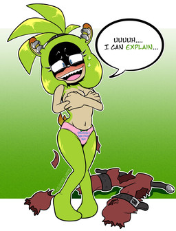 anthro blue_eyes blush bodily_fluids breasts clothed clothing covering covering_breasts covering_self dialogue ear_piercing ear_ring embarrassed embarrassing_exposure euf feet female fur green_body hair looking_at_viewer navel open_mouth panties panties_only piercing ring_piercing simple_background smile solo speech_bubble standing sweat sweatdrop tail talking_to_viewer teeth text topless topless_anthro topless_female underwear underwear_only voidsdroids idw_publishing sega sonic_the_hedgehog_(comics) sonic_the_hedgehog_(idw) sonic_the_hedgehog_(series) surge_the_tenrec afrosoricid mammal tenrec digital_media_(artwork) english_text hi_res