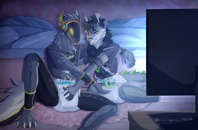 anthro claws clean_diaper clothing crotch_grab diaper dragon_tail duo fondling fur grey_body grey_fur grope hand_on_diaper handjob handjob_through_clothing humanoid_hands inside machine male male/male mutual_handjob mutual_masturbation pantsless_anthro pantsless_male paws peekabu_(diaper) penile red_eyes sex shirt sitting t-shirt topwear touching_diaper watching_television cozygrey abuniverse peekabu canid canine canis hybrid mammal protogen wolf hi_res