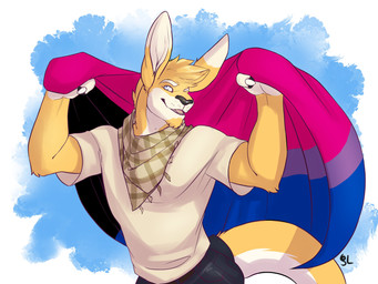 anthro bisexual_pride_colors black_bottomwear black_clothing black_nose black_pants blonde_hair blue_eyes bottomwear clothed clothing fangs flag flag_(object) front_view fur hair holding_flag holding_object kerchief lgbt_pride male male_anthro neckerchief neckwear open_mouth pants pride_colors shirt short_hair solo standing t-shirt tail teeth topwear white_body white_clothing white_fur white_shirt white_t-shirt white_tail white_topwear yellow_body yellow_fur yellow_tail solaxe_(artist) solaxe kangaroo macropod mammal marsupial 4:3 absurd_res half-length_portrait hi_res portrait