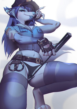 anthro black_clothing black_gloves black_handwear black_panties black_underwear blep blue_body blue_clothing blue_eyes blue_hair blue_legwear blue_nose blue_tongue blue_topwear clothed clothing cuff_(restraint) eyelashes female front_view gloves hair handcuffs handwear holding_object holding_whip legwear looking_at_viewer looking_down looking_down_at_viewer low-angle_view metal_cuffs narrowed_eyes panties police police_uniform restraints simple_background skimpy solo tongue tongue_out topwear underwear uniform unsigned whip white_background shermugi neera_(neerahyena) hyena mammal 2021 hi_res