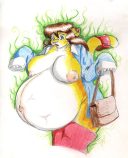 accessory age_regression anthro areola belly big_belly big_breasts blue_eyes breasts brown_hair clothing female furgonomics hair huge_breasts jewelry legwear navel nipples open_mouth outie_navel pregnant purse ring shirt shrinking size_transformation solo stockings stretch_marks tail tail_accessory tail_jewelry tail_ring topwear transformation young young_anthro danellz kathy_(danellz) felid lion mammal pantherine 2007 traditional_media_(artwork)