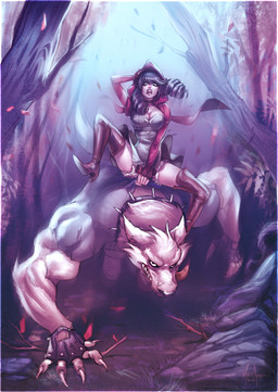 anthro claws clothed clothing collar detailed_background duo female forest front_view gloves handwear looking_at_viewer male muscular outside piercing plant riding scenery size_difference straddling tail tongue tongue_out tree mirka_andolfo fairy_tales little_red_riding_hood_(copyright) big_bad_wolf little_red_riding_hood canid canine canis human mammal wolf