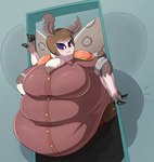 antennae_(anatomy) anthro belly big_belly big_breasts big_butt blue_sclera blush bottomwear breasts brown_body brown_hair butt clothing female hair huge_breasts huge_butt huge_thighs hyper hyper_breasts hyper_butt hyper_thighs looking_back morbidly_obese morbidly_obese_anthro morbidly_obese_female multicolored_body obese obese_anthro obese_female overweight overweight_anthro overweight_female pants shirt solo stuck teeth thick_thighs topwear white_body white_eyes wings veryfilthything unknown_character arthropod insect lepidopteran moth hi_res