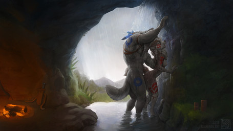 4_fingers against_surface against_wall ambiguous_penetration anthro anthro_on_anthro anthro_penetrated anthro_penetrating anthro_penetrating_anthro arched_back black_nose blue_markings bodily_fluids bodypaint bodypaint_washing_off breasts butt campfire cave cum cum_drip cum_in_vagina cum_in_water cum_inside detailed_background dripping duo eyes_closed faceless_character faceless_male female female_penetrated fingers firelight from_behind_position fur genital_fluids grey_body grey_fur hair hand_on_neck humanoid_hands inside knife larger_male leaning leaning_forward legs_in_water long_hair looking_pleasured male male/female male_penetrating male_penetrating_female markings markings_washing_off muscular muscular_anthro muscular_male nature nipples nude nude_anthro nude_female nude_male open_mouth outside partially_submerged penetration raining red_markings scabbard sex size_difference small_breasts smaller_female standing standing_in_water submerged_legs tasteful text tribal tribal_markings water waterfall wet wet_body wet_fur white_hair zaush tanta_(zaush) canid canine canis mammal wolf 2018 absurd_res digital_media_(artwork) hi_res url widescreen
