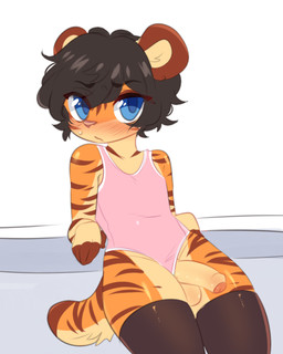 adolescent anthro arm_support balls black_clothing black_hair black_legwear black_thigh_highs blue_eyes blush bodily_fluids clothed clothing clothing_aside crossdressing eyebrow_through_hair eyebrows femboy fingers fur furrowed_eyebrows genitals hair half-erect leaning leaning_backward legwear looking_at_viewer male male_anthro mouth_closed one-piece_swimsuit one-piece_swimsuit_aside orange_body orange_fur penis pink_clothing pink_one-piece_swimsuit pink_swimwear presenting presenting_penis reclining school_swimsuit short_hair simple_background solo striped_body striped_fur stripes sweat sweatdrop swimwear swimwear_aside tail thigh_highs translucent translucent_hair young young_anthro young_male aoizuri ken_(claralaine) domestic_cat felid feline felis mammal 2019 4:5 hi_res
