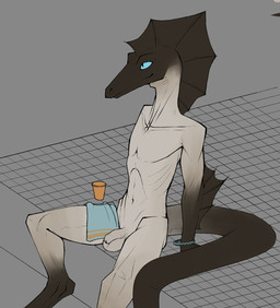 anthro athletic athletic_male balls blue_eyes bracelet bracelet_only brown_arms brown_body brown_head brown_skin brown_tail collarbone container cup elbow_fin fin flaccid foreskin genitals grey_balls grey_body grey_penis grey_skin head_fin humanoid_genitalia humanoid_penis jewelry long_tail male multicolored_body multicolored_skin navel nude nude_male penis rib_cage simple_background sitting smile snout solo tail towel two_tone_body two_tone_skin unretracted_foreskin bullchicken lizard reptile scalie 2026 colored flat_colors hi_res