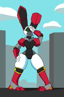 ambiguous_gender anthro bunny_costume city city_background clothing costume inflatable machine macro mecha solo thick_thighs nova_prowler lagomorph mammal hi_res
