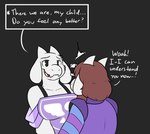 anthro big_breasts boss_monster_(undertale) bovid breasts brown_hair caprine clothed clothing comic duo english_text female frisk_(undertale) fur goat hair horn huge_breasts long_ears mammal robertge simple_background text toriel undertale undertale_(series) white_body white_fur