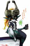 2:3 breasts computer credit_card electronics exclamation_point fangs female hi_res humanoid japanese_text looking_at_viewer midna monitor navel nintendo not_furry question_mark red_eyes small_breasts solo teeth text the_legend_of_zelda thick_thighs translated twili twilight_princess web_browser wide_hips yakibuta yellow_sclera