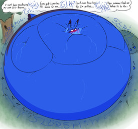anthro belly belly_expansion berry_juice beverage big_belly blue_body blueberry_inflation blueberry_juice body_inflation expansion female huge_belly hyper hyper_belly immobile inflation juice_(beverage) outside solo spherical_inflation text thatoneaceguy nintendo pokemon generation_1_pokemon pikachu pokemon_(species) 2024 hi_res