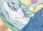 abs beach bottomwear bulge claws clothing detailed_bulge genital_outline looking_at_viewer male muscular muscular_male penis_outline sand seaside shell shirtless shorts solo towel biskierisky shen_(biskierisky) fish marine shark absurd_res hi_res