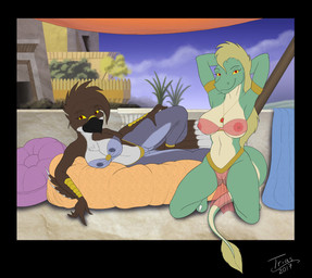 anthro beak black_border blonde_hair border bottomwear breasts butt chest_tuft claws clothing curvy_figure duo feathers female hair half_naked hand_on_leg hand_on_thigh hands_behind_head harem harem_outfit jewelry kneeling loincloth lying navel nipples non-mammal_breasts non-mammal_navel non-mammal_nipples on_side pendant red_eyes slightly_chubby smile tail tail_tuft toe_claws translucent translucent_clothing tuft voluptuous wide_hipped_female wide_hips yellow_sclera trias avian bird reptile scalie 2017