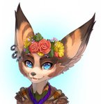 ambiguous_gender anthro black_nose blizzard_entertainment blue_eyes brown_body brown_fur bust_portrait canid canine digital_media_(artwork) digital_painting_(artwork) ear_piercing floral flower flower_crown flower_garland fox fur garland head_wreath hi_res looking_at_viewer mammal markings open_mouth piercing plant portrait simple_background solo talilly teeth vulpera warcraft white_background