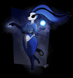 anthro big_breasts black_eyes blue_body breasts clothing ear_piercing ear_ring female floating long_ears magic night piercing ring_piercing solo starscape translucent translucent_clothing cansinodx dream_creature lagomorph mammal hi_res