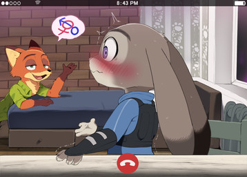 anthro bed bedroom_eyes biped black_nose blush bodily_fluids chair clothed clothed_female clothed_male clothing detailed_background dipstick_ears duo ear_markings female fingers fur furniture gloves_(marking) green_eyes grey_body grey_fur male markings multicolored_ears narrowed_eyes open_mouth open_smile purple_eyes seductive smile speech_bubble standing sweat tongue dagasi disney zootopia judy_hopps nick_wilde canid canine fox lagomorph leporid mammal rabbit red_fox true_fox 2025 hi_res