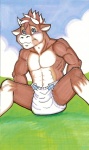 anthro blue_eyes blush clean_diaper clothed clothing cloud diaper diaper_only front_view male muscular muscular_anthro muscular_male outside sky solo topless wearing_diaper familliar bovid bovine cattle mammal