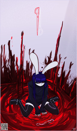 anthro black_nails blood blood_splatter bodily_fluids boots clothing colored_nails femboy footwear gore hoodie latex latex_clothing latex_legwear latex_thigh_highs legwear male nails platform_boots platform_footwear qr_code scissors shoes solo thigh_highs topwear creambeam riley_(creambeam) lagomorph leporid mammal rabbit vampire absurd_res hi_res