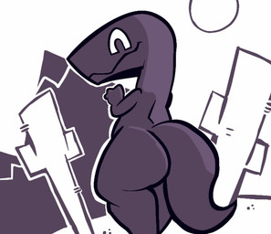 ambiguous_gender anthro big_butt butt cactus claws cloud desert eyes_closed grey_body grey_tail happy mountain plant smile solo sun tail thick_thighs dogguyd google google_chrome dinosaur_(google_chrome) dinosaur prehistoric_species reptile scalie monochrome signature