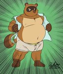 anthro belly blue_eyes bottomwear brown_body brown_fur bulge clothed clothing fur humanoid_hands male moobs navel open_clothing open_shirt open_topwear overweight overweight_anthro overweight_male shirt shorts solo topwear deadanthro animal_crossing nintendo tom_nook_(animal_crossing) canid canine mammal raccoon_dog tanuki 2020