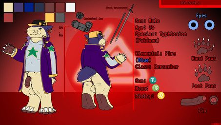 anthro balls blue_eyes bottomless chart claws clothed clothing coat color_swatch ear_piercing ear_ring facial_scar feet front_view genitals greatsword handpaw hat headgear headwear hindpaw humanoid_genitalia humanoid_penis jacket jewelry male mechanical_arm melee_weapon open_clothing open_coat open_topwear paws penis piercing rear_view ring_piercing scar shirt size_chart solo star_print sword toe_claws topwear weapon anonymous_artist nintendo pokemon diesels generation_2_pokemon pokemon_(species) typhlosion digital_media_(artwork) hi_res model_sheet